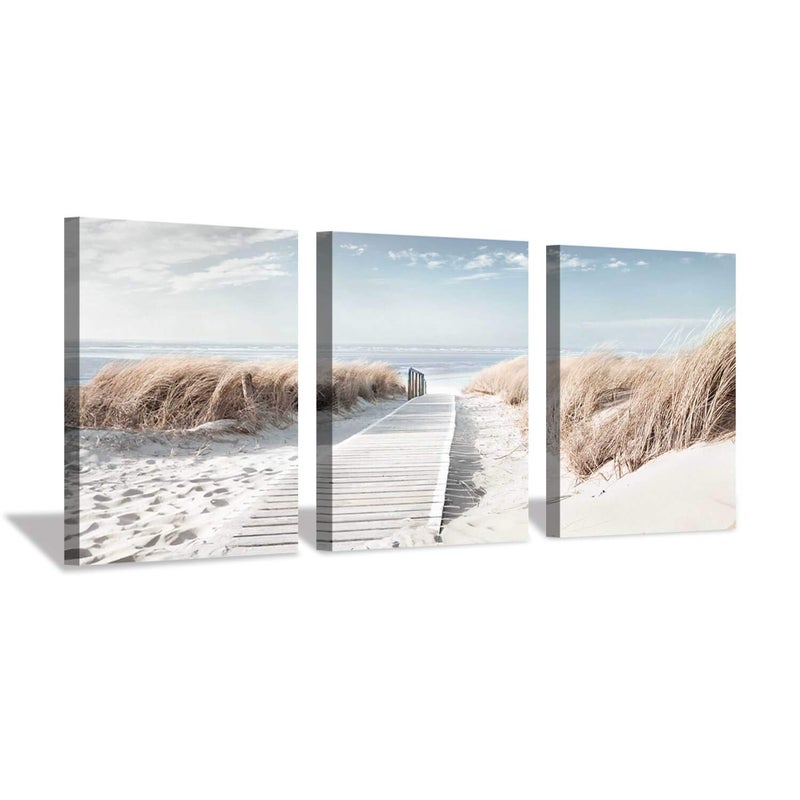 Hardy Gallery Coastal Beach Canvas Wall Art: Pathway to Shoreline Artwork Painting on Canvas for Office or Bedroom (16'' x 12'' x 3 Panels) - Image 1